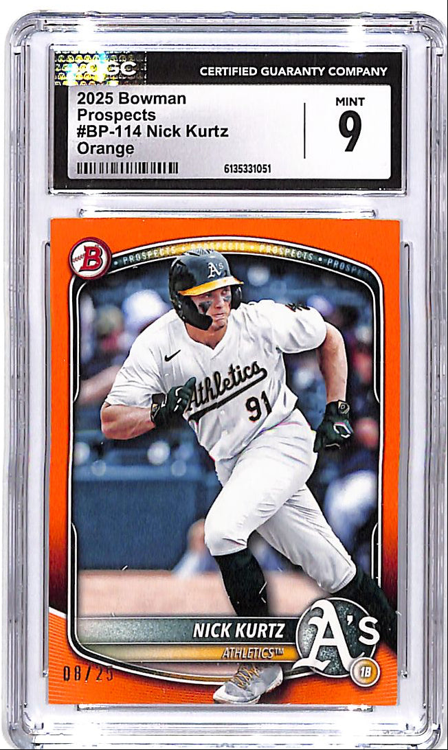 2025 Bowman Nick Kurtz Prospect Rookie RC Orange /25 CGC 9 Athletics