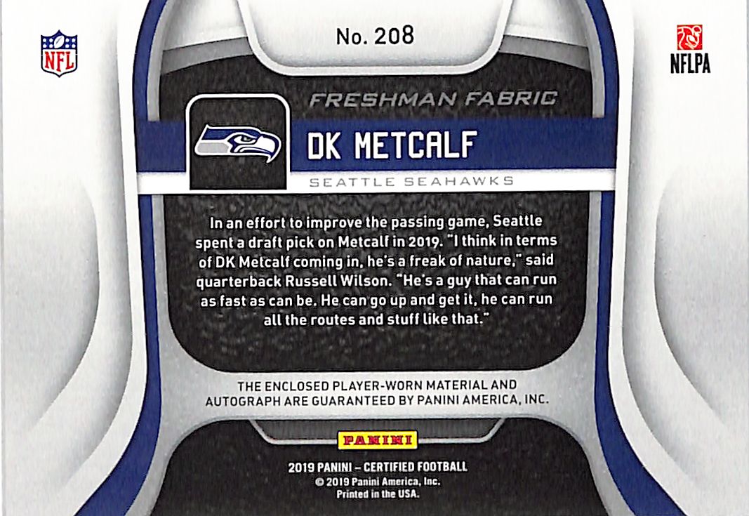 2019 Certified DK Metcalf Auto Autograph Rookie RC Patch Jersey /399 Seahawks