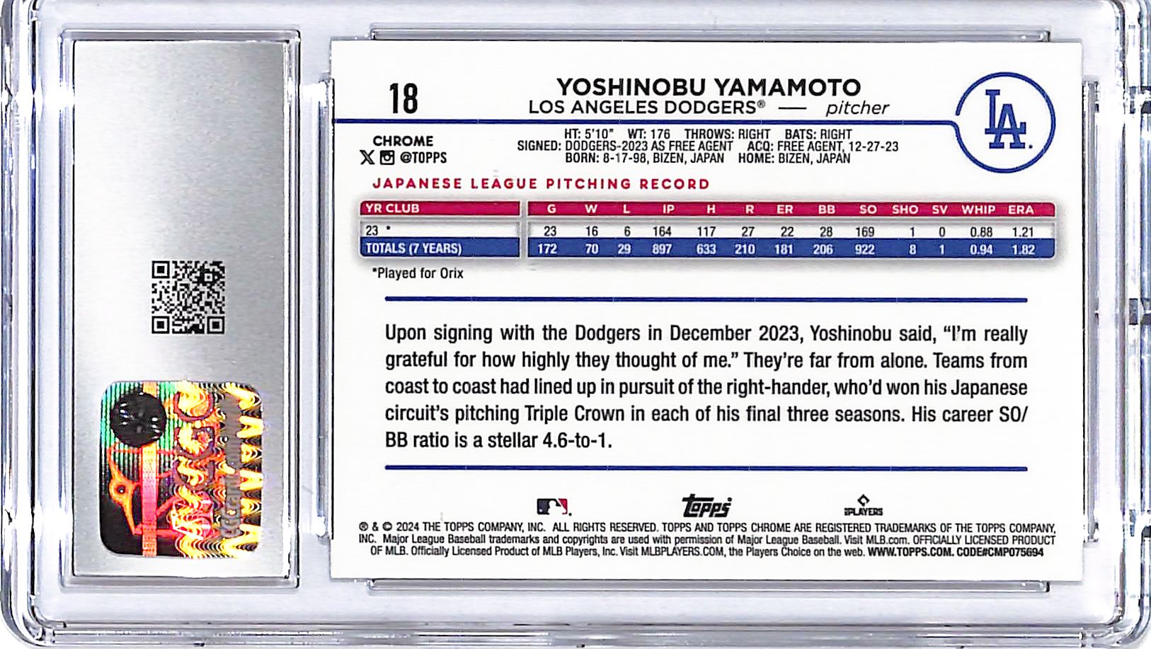 2024 Topps Chrome Yoshinobu Yamamoto Rookie RC #18 CGC 9.5 Dodgers