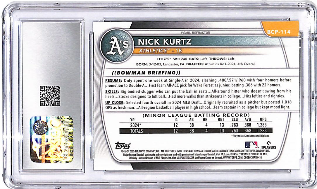 2025 Bowman Chrome Nick Kurtz Reptillian Refractor Rookie RC Prospect CGC 10 Athletics