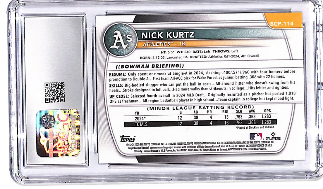 2025 Bowman Chrome Nick Kurtz Rookie RC FireFactor Prospect /3 CGC 9 Athletics