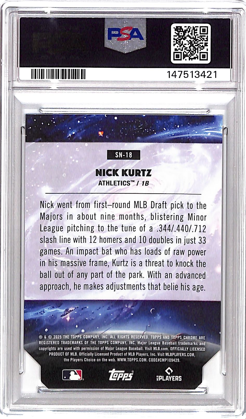 2025 Topps Chrome Cosmic Nick Kurtz Stella Nova Rookie RC PSA 9 Athletics