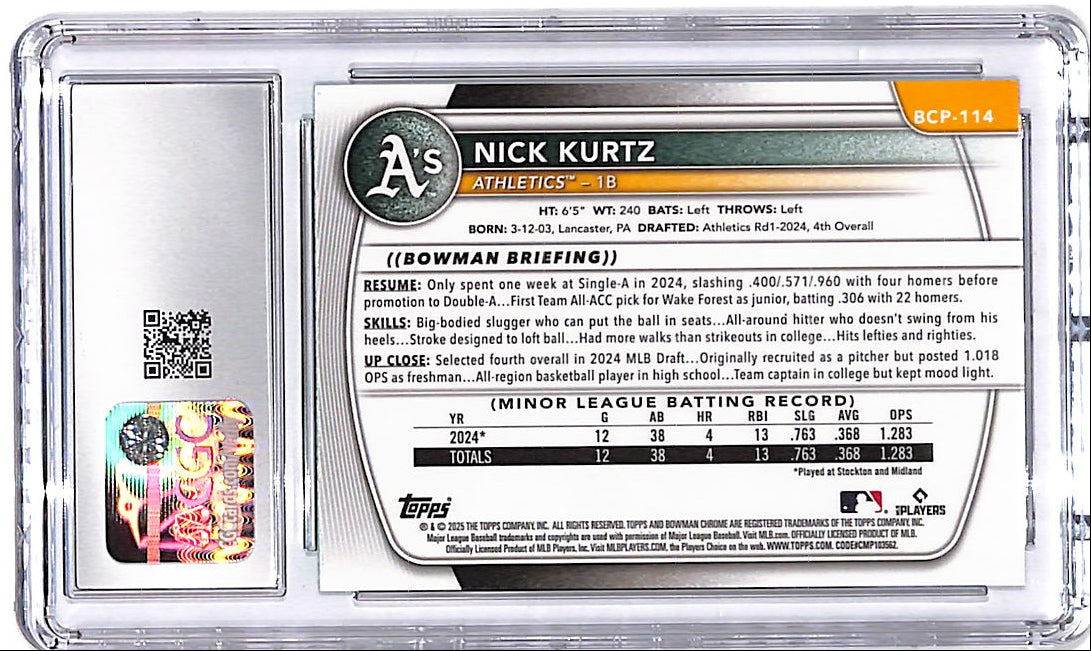 2025 Bowman Chrome Nick Kurtz Mega Box Mojo Refractor Green /99 Rookie RC CGC 10 Athletics