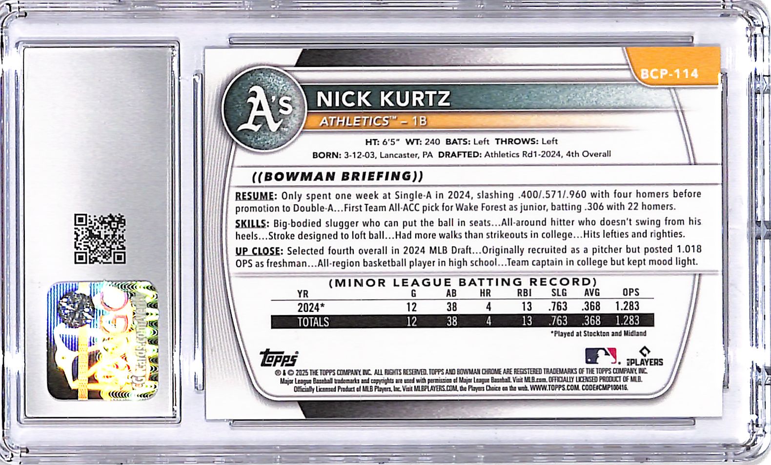 2025 Bowman Chrome Nick Kurtz Steel Metal Refractor Rookie RC Prospects /100 CGC 10 Athletics