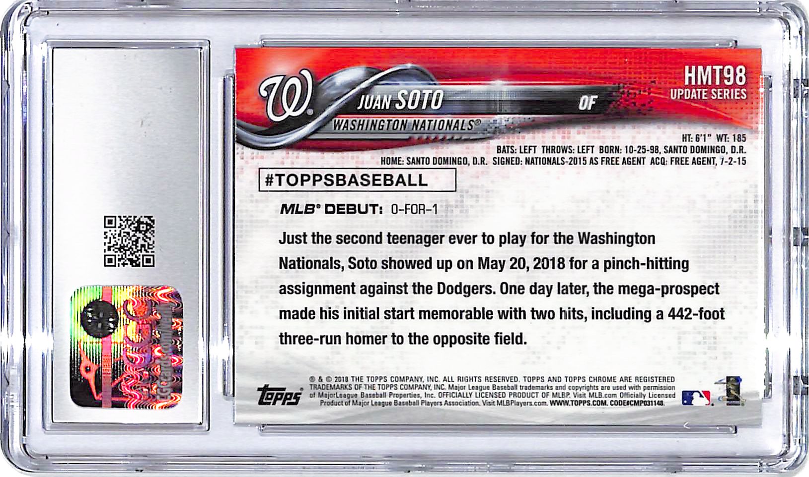 2018 Topps Chrome Update Juan Soto Rookie RC GMT98 CGC 10 Nationals