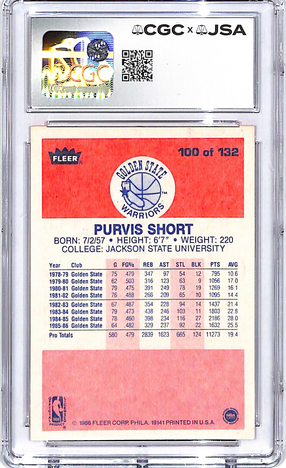 1986-87 Fleer Purvis Short #100 Auto Autograph CGC Authentic
