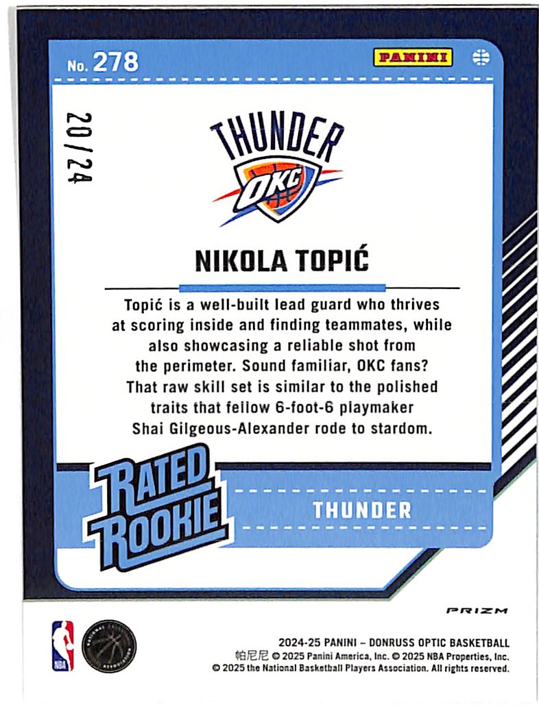 2024-25 Donruss Optic Nikola Topic Rated Rookie RC Gold Glitter /24 Thunder