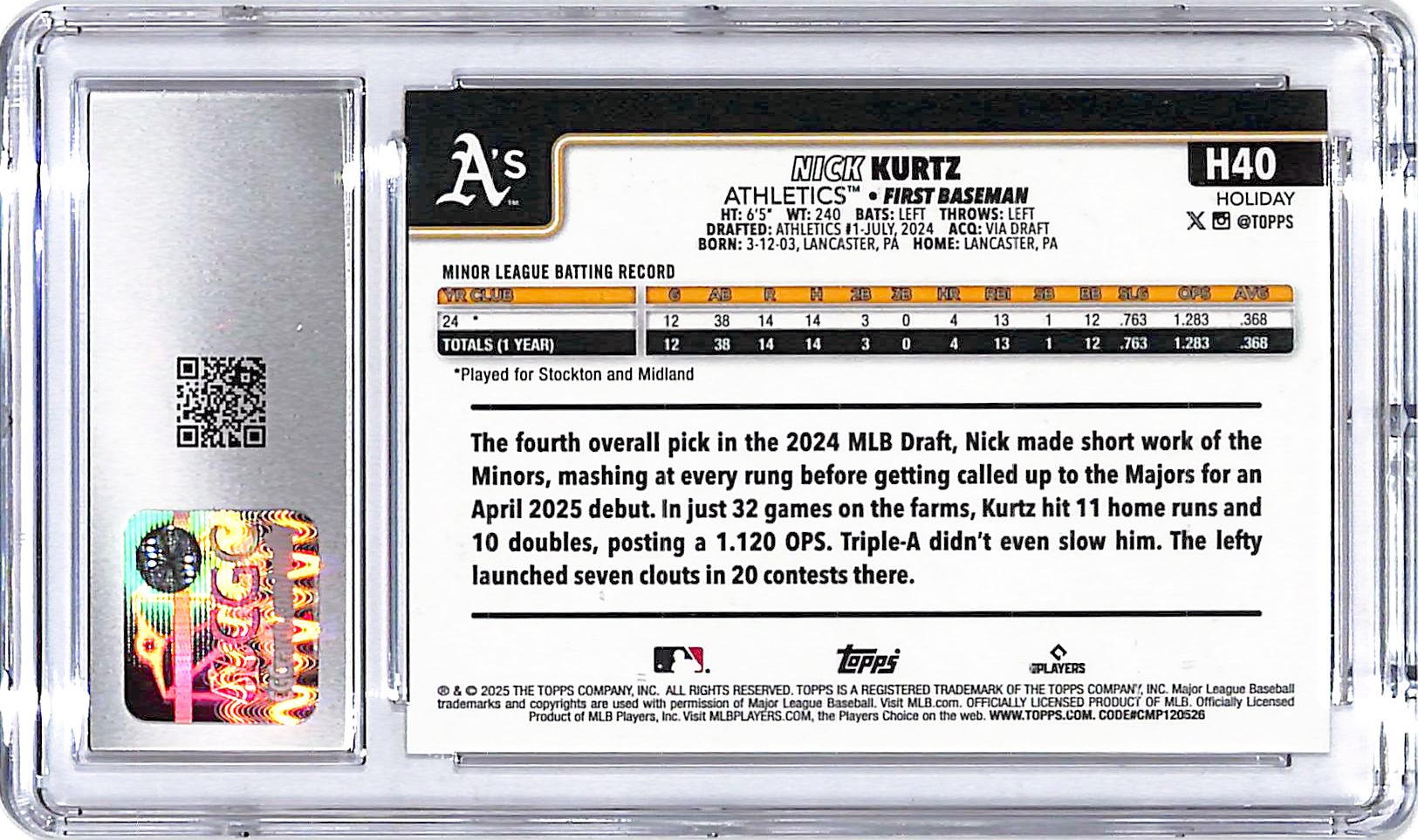 2025 Topps Holiday Nick Kurtz Rookie RC Silver Glitter CGC 10 Athletics