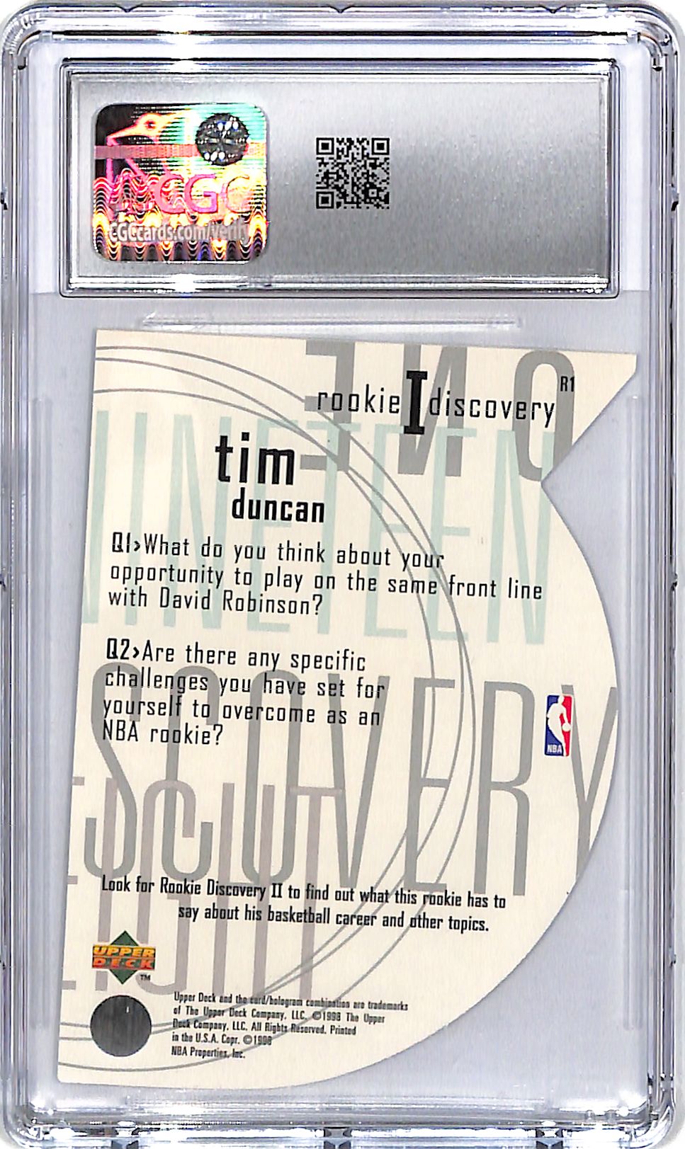 1997-98 Upper Deck Tim Duncan Rookie Discovery 1 CGC 9.5 Spurs