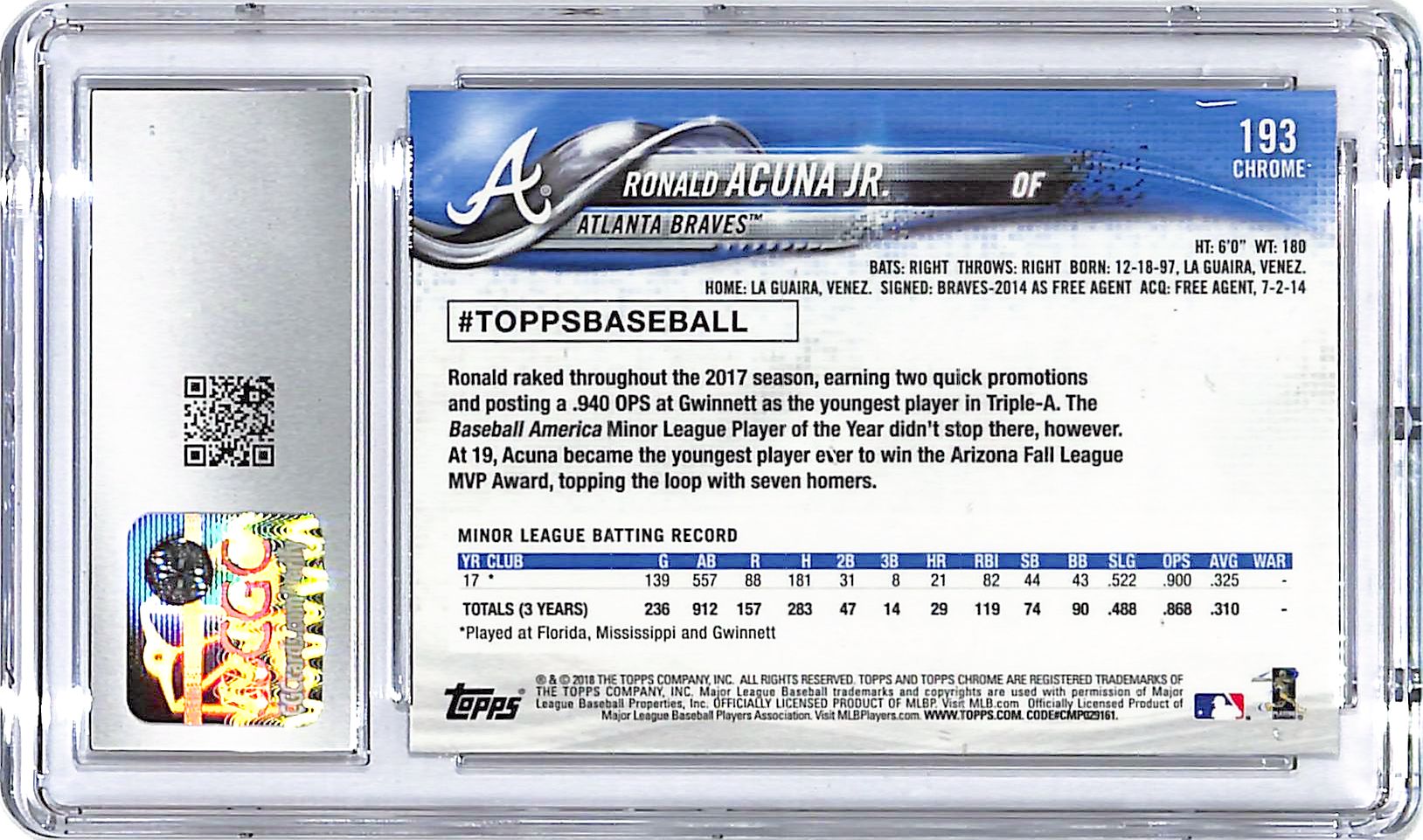 2018 Topps Chrome Ronald Acuna Jr Rookie RC #193 CGC 9.5 Braves