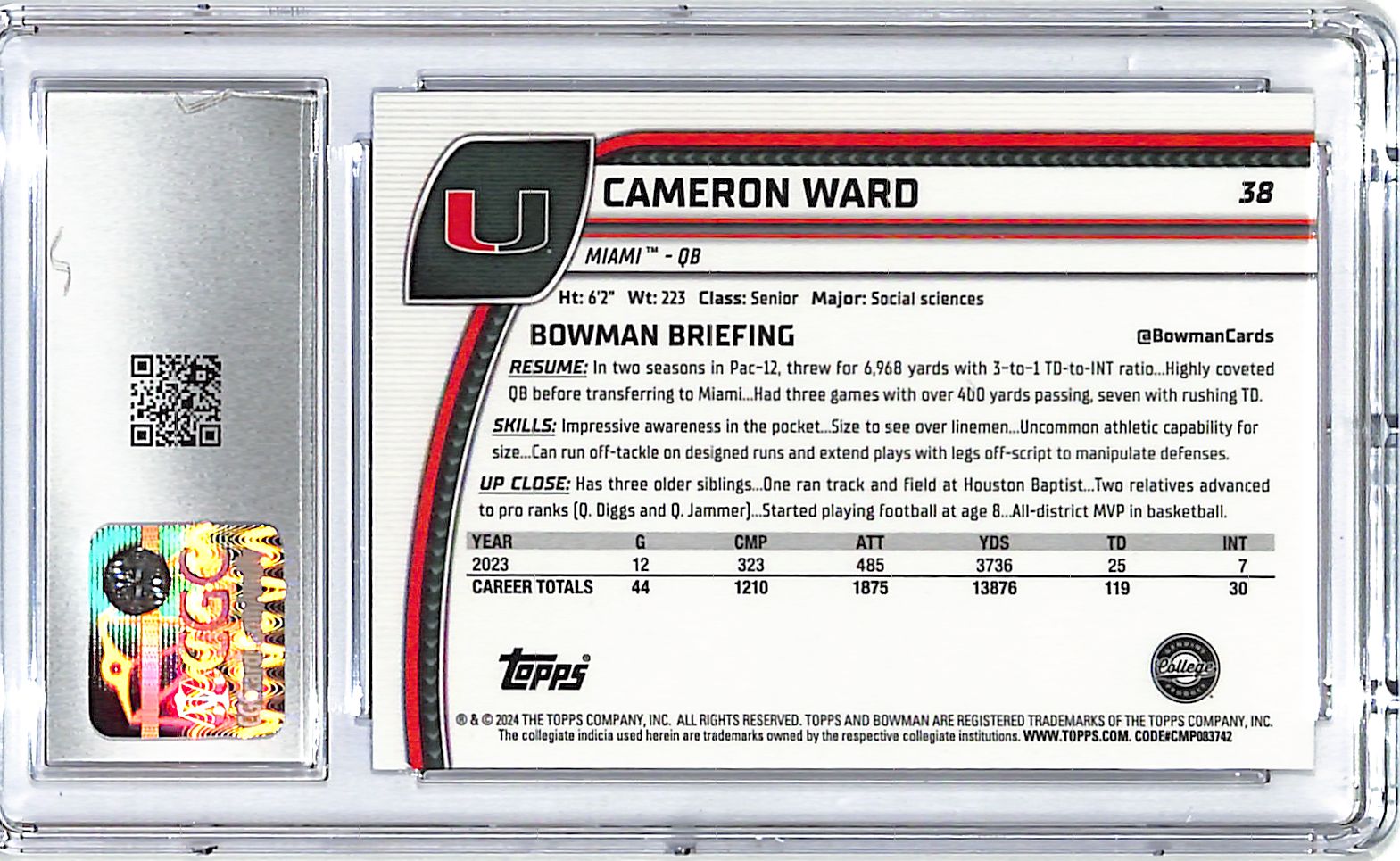 2024 Bowman Chrome University Sapphire Cameron Ward Rookie RC #38 CGC 10 Maimi
