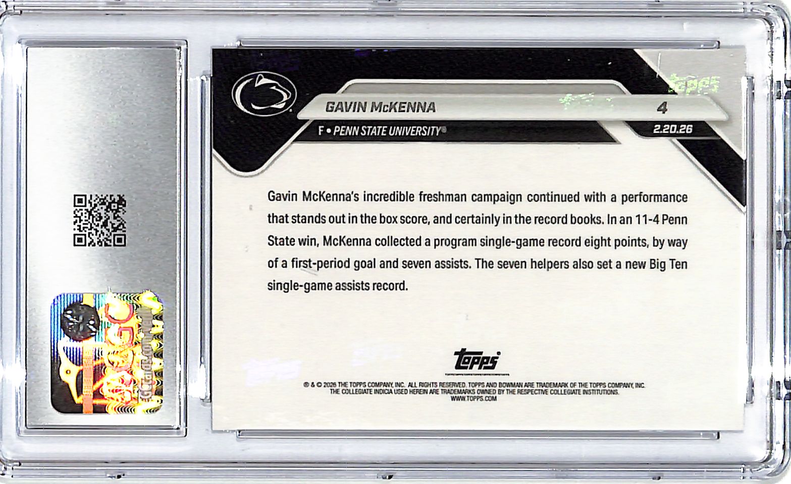 2025-26 Bowman U Now Gavin McKenna Rookie RC #4 CGC 10 Penn State