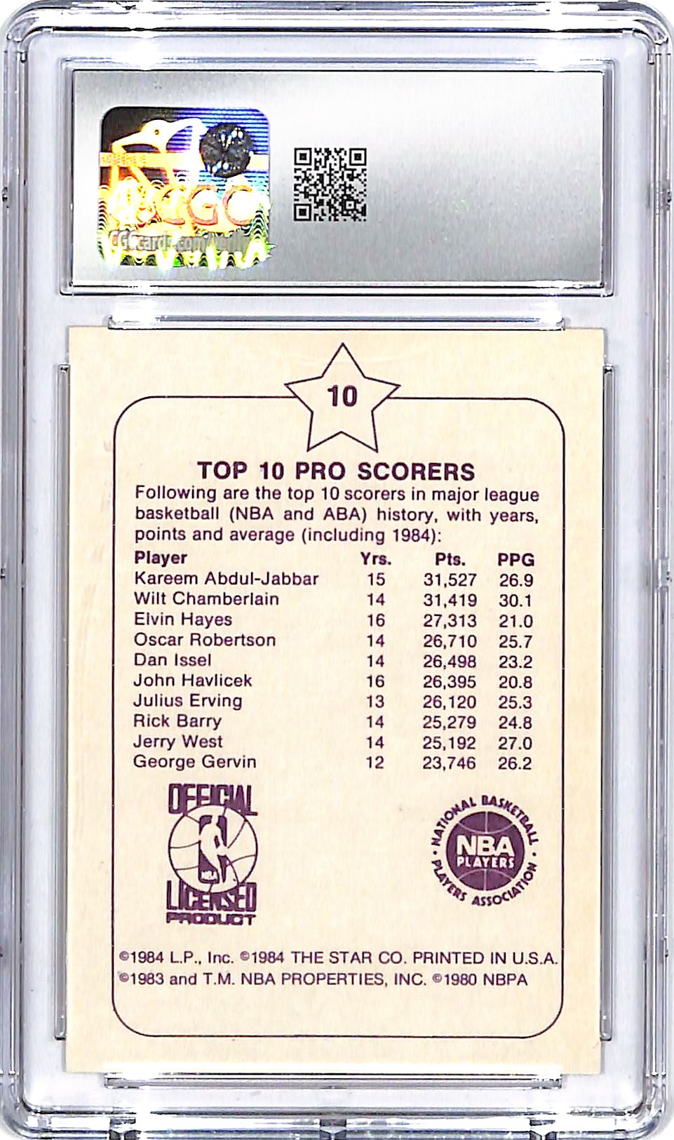 1984-85 Star Arena Kareem Abdul-Jabbar #10 Los Angeles Lakers CGC 3.5