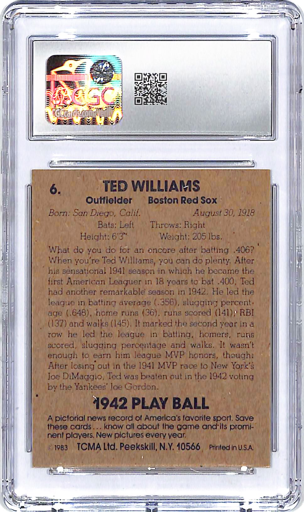 1983 TCMA 42 Play Ball Ted Williams #6 CGC 8 Red Sox