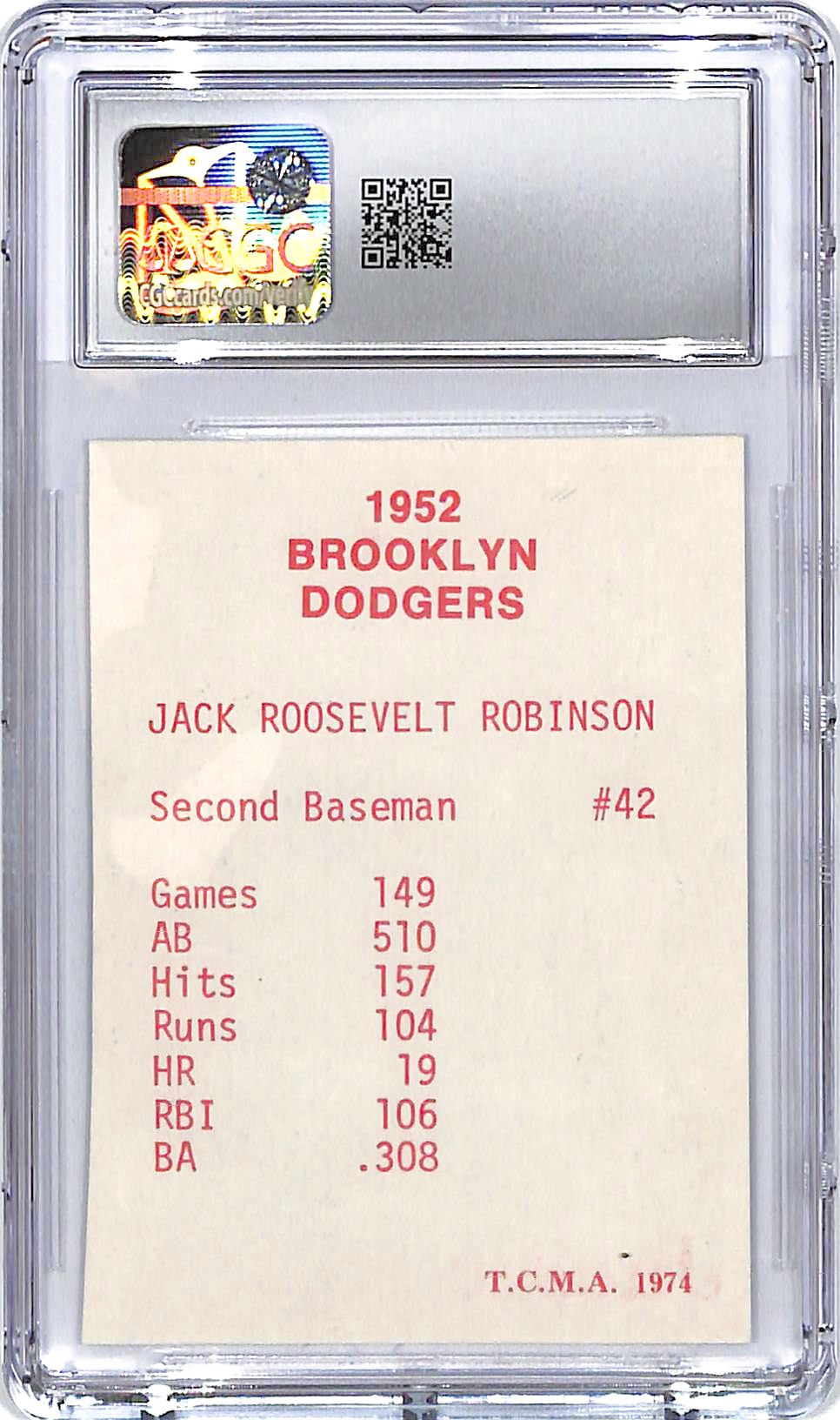 1974 TCMA 52 Brooklyn Dodgers Jackie Robinson Red Back CGC 7