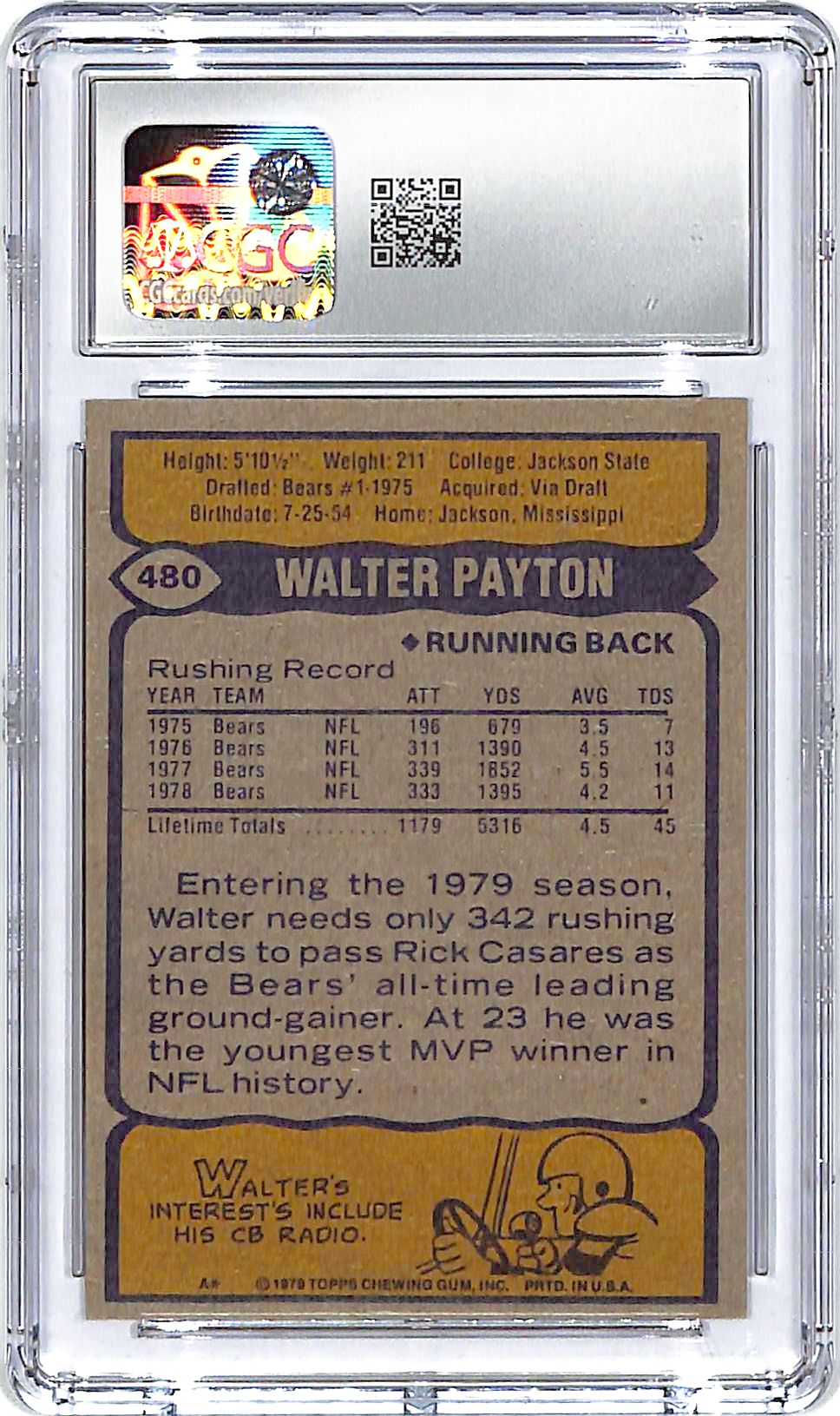 1979 Topps Walter Payton All Pro #480 CGC 6 Bears