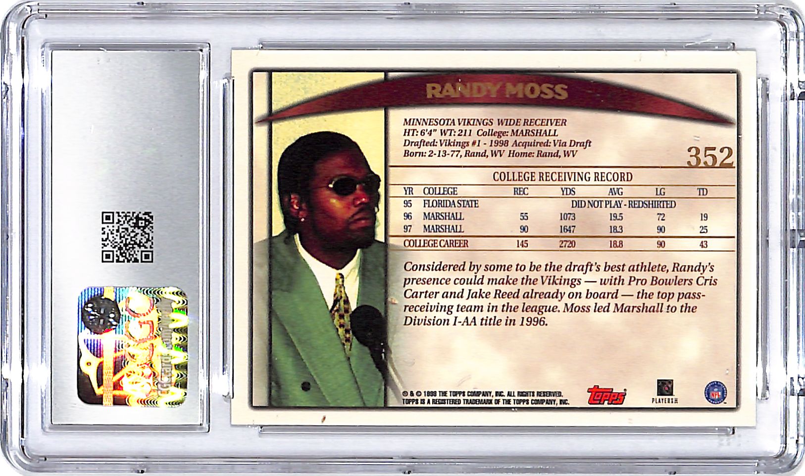 1998 Topps Randy Moss Rookie RC #352 CGC 9 Vikings
