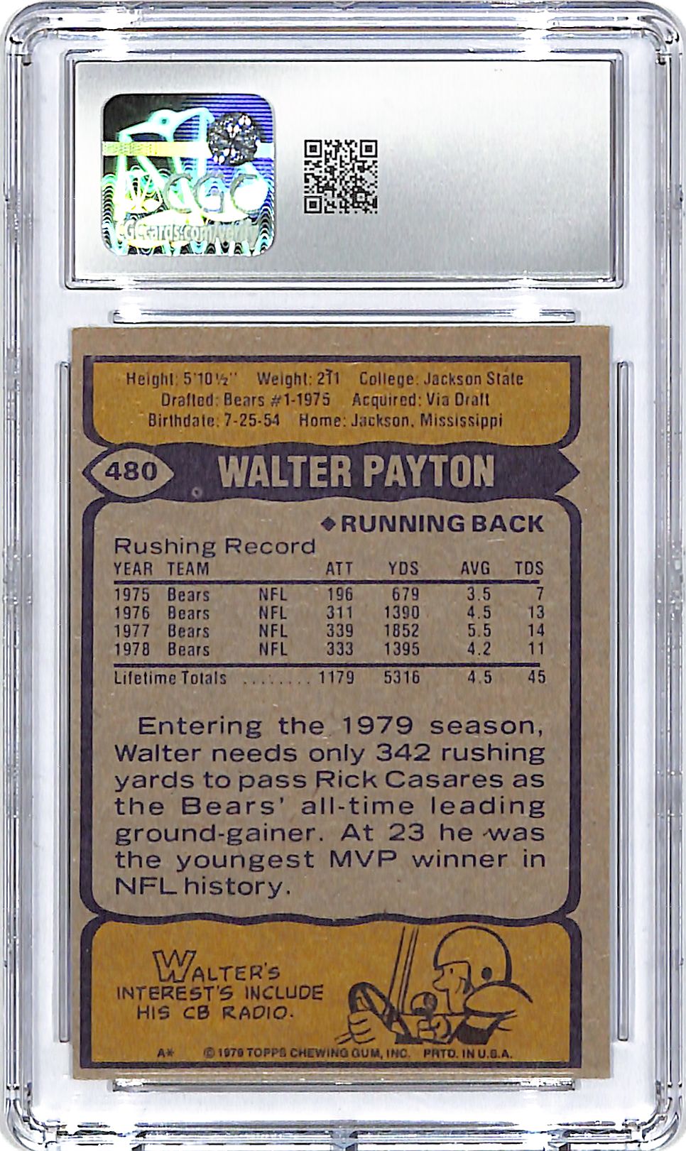 1979 Topps Walter Payton All Pro #480 CGC 7 Bears