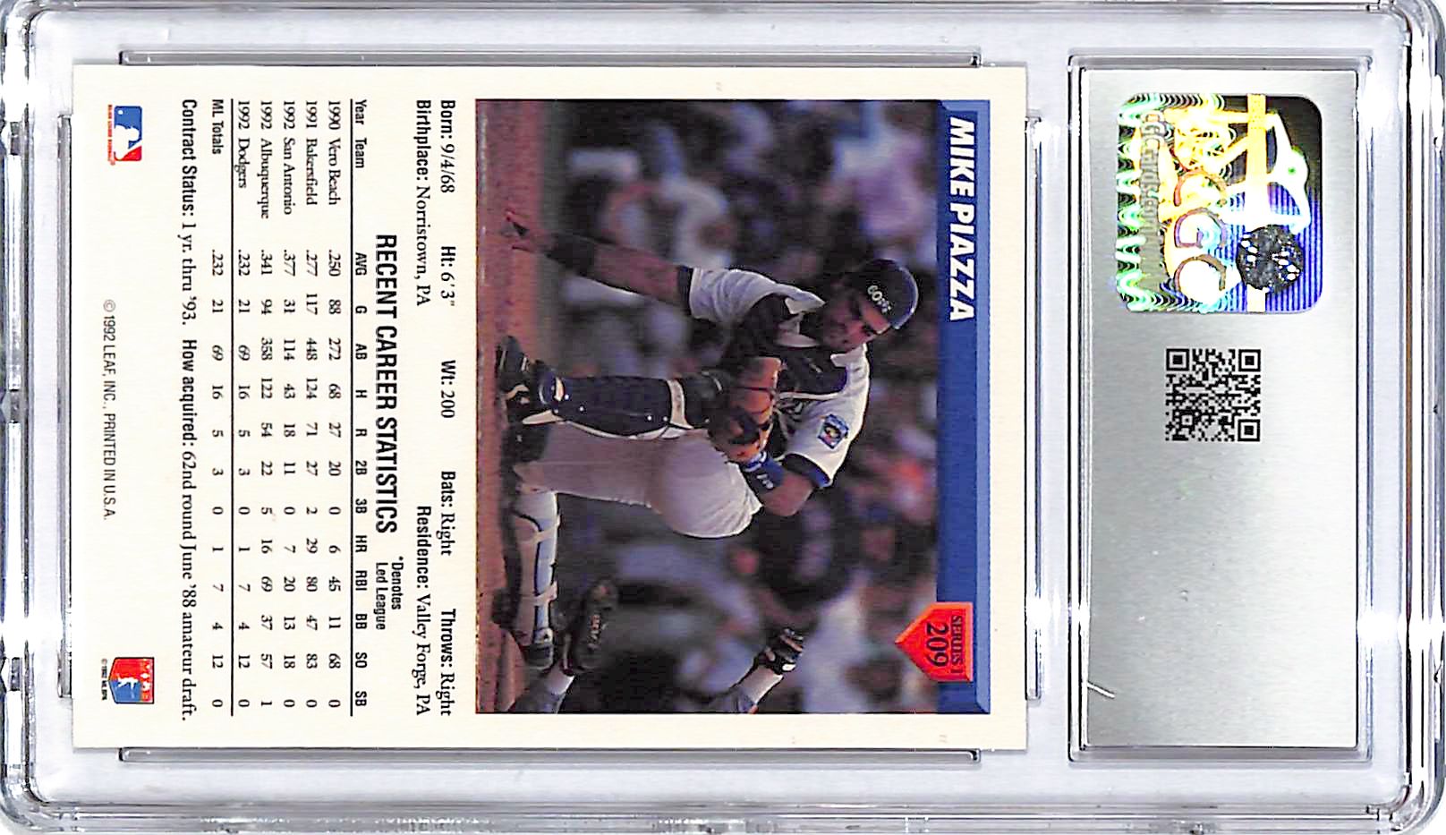 1993 Donruss Mike Piazza Rated Rookie RC #209 CGC 9.5 Dodgers