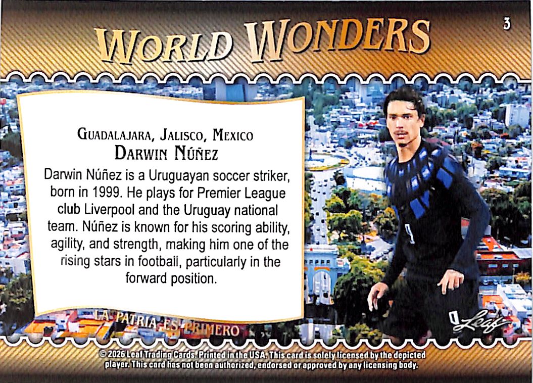 2026 Leaf World Wonders Darwin Nunez Blue /49 Uruguay