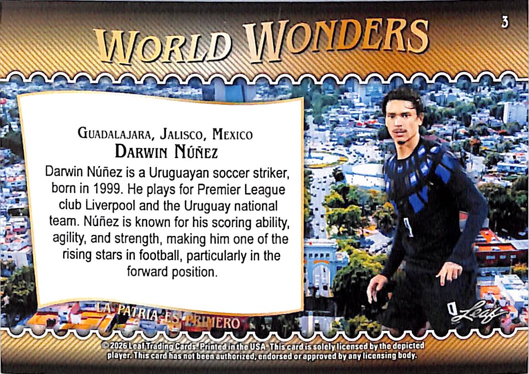 2026 Leaf World Wonders Darwin Nunez Blue /49 Uruguay