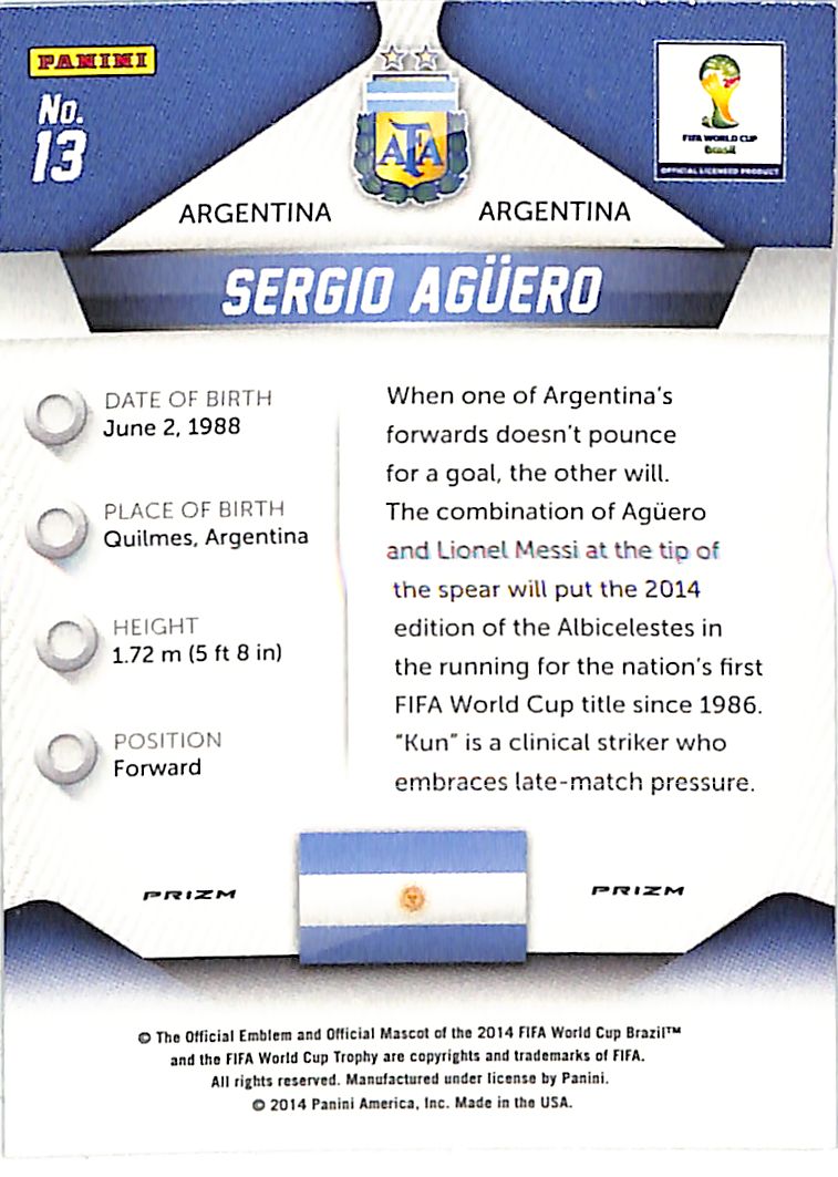 2014 Prizm World Cup Sergio Aguero Red White Blue Power Plaid #13 Argentina