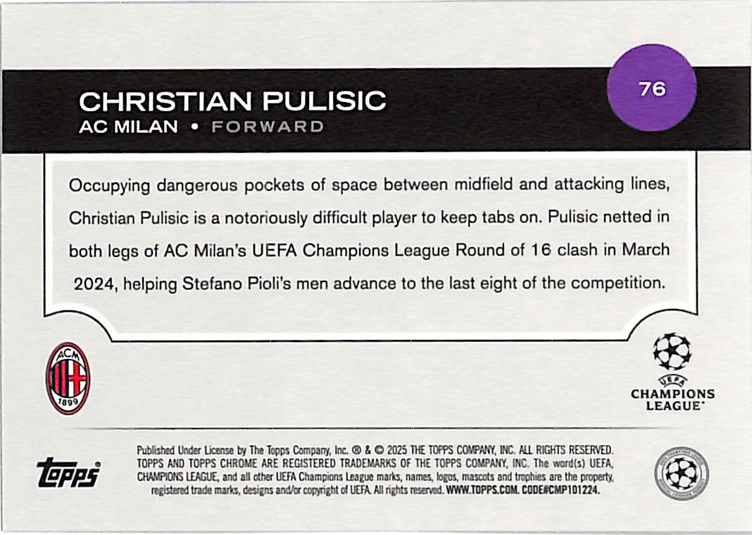 2024-25 Topps Chrome UEFA Christian Pulisic Gold Refractor /50 AC Milan