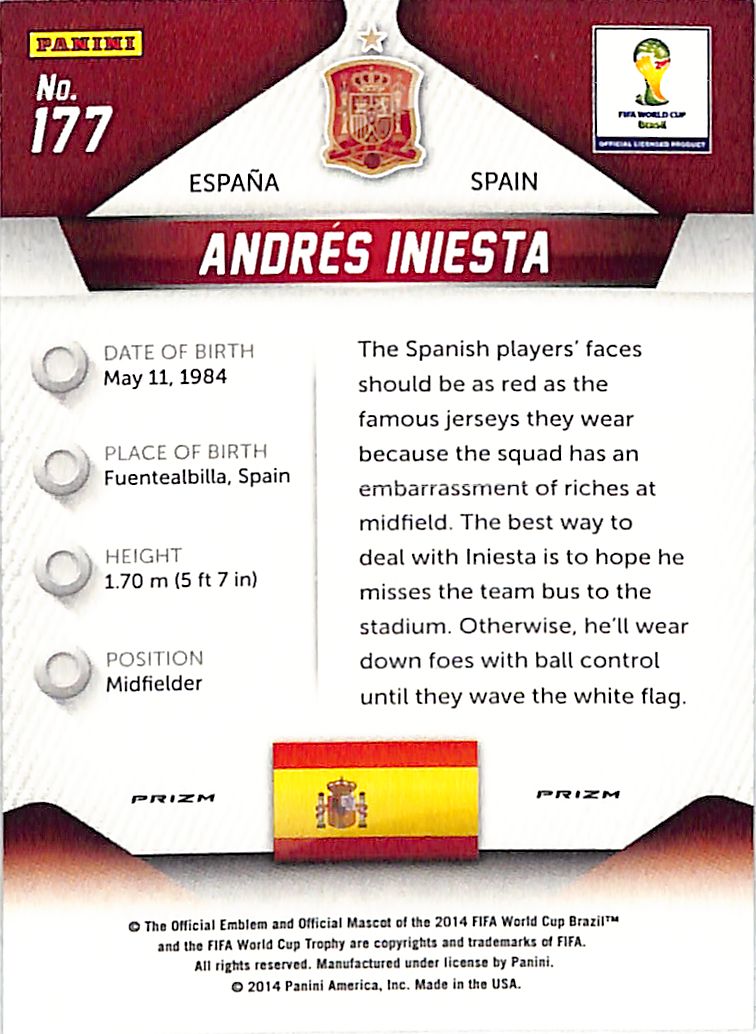 2014 Prizm World Cup Andres Iniesta Red Yellow Pulsar #177 Spain