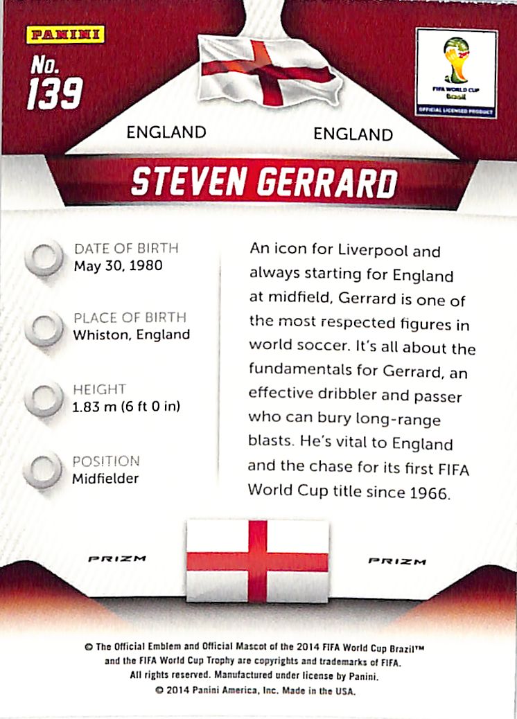 2014 Prizm World Cup Steven Gerrard Red White Blue Wave #139 England