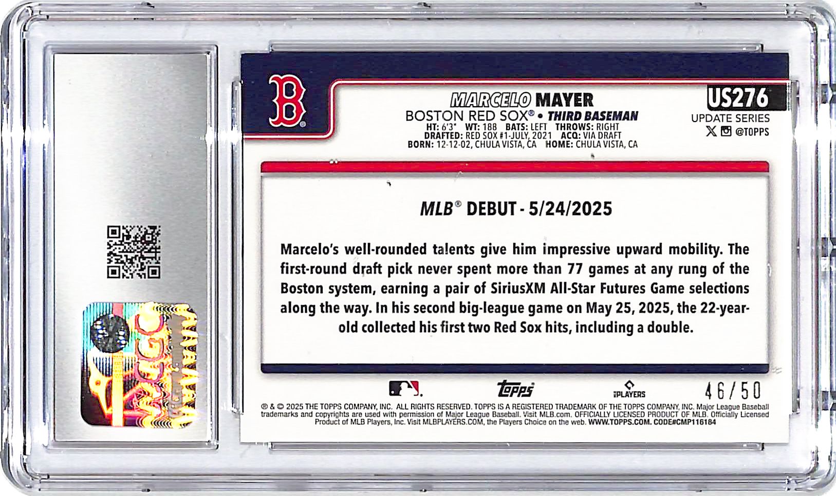 2025 Topps Update Marcelo Mayer Gold Holo Foil Rookie RC /50 CGC 8.5 Red Sox