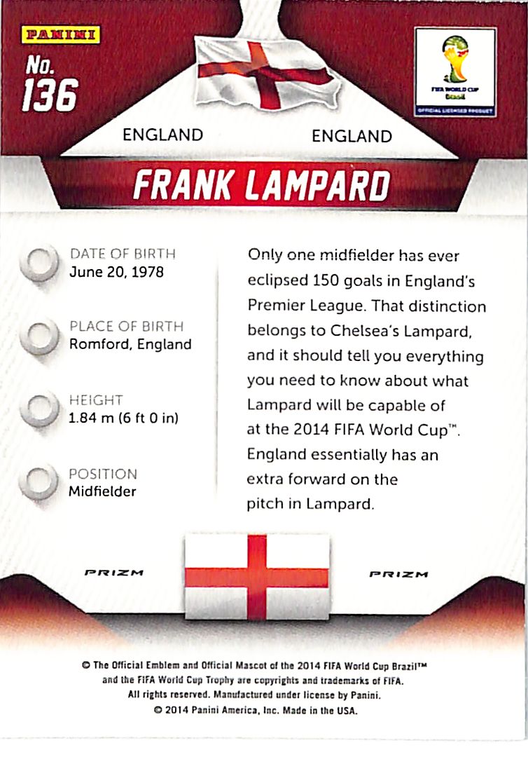 2014 Prizm World Cup FranK Lampard Red Yellow Pulsar #136 England
