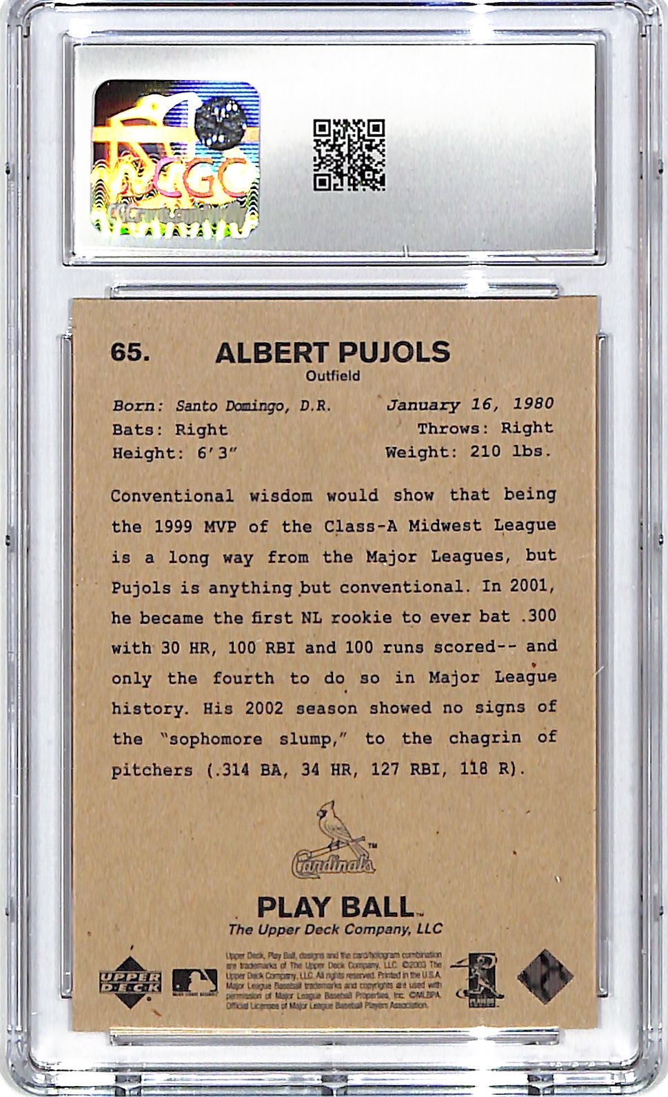 2003 Upper Deck Play Ball Albert Pujols Promos #65 CGC 9.5 Cardinals