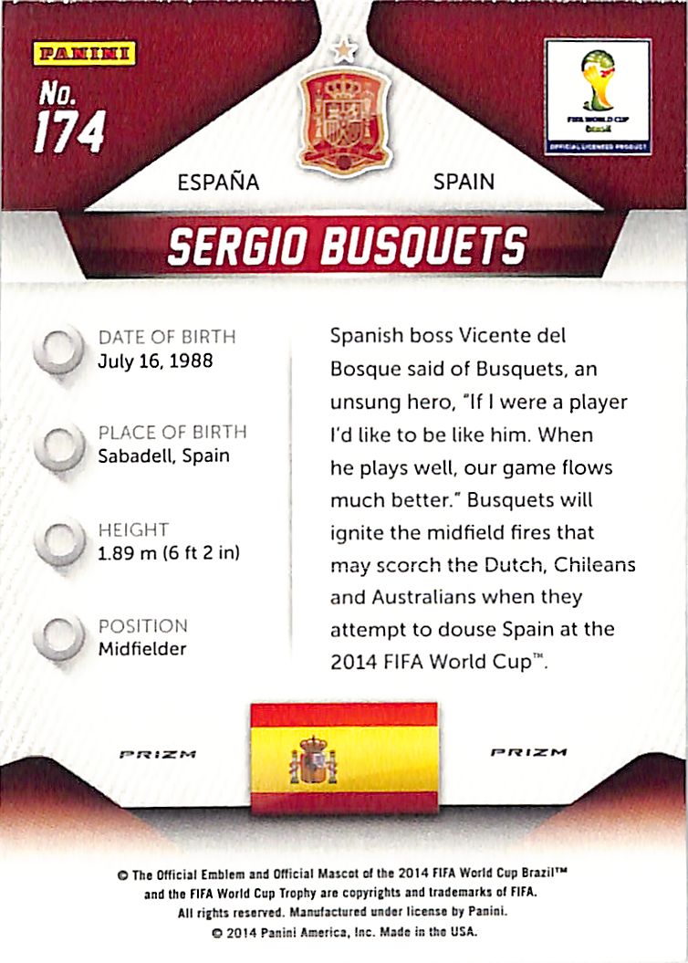 2014 Prizm World Cup Sergio Busquets Silver Prizm #174 Spain