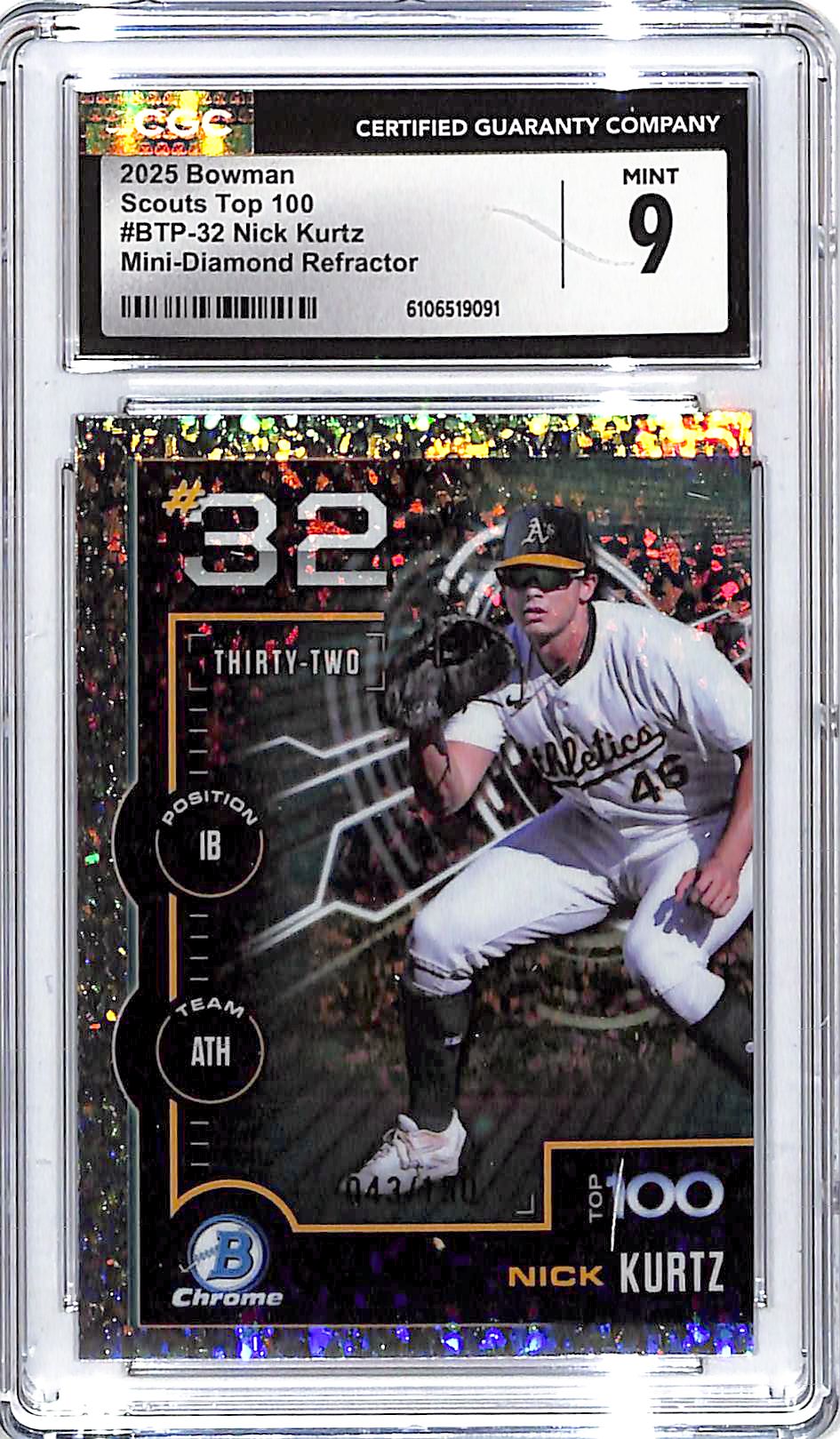 2025 Bowman Chrome Nick Kurtz Scouts Top 100 Mini Diamond Refractor /150 CGC 9 Athletics