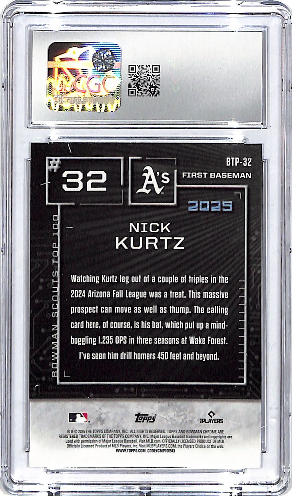 2025 Bowman Chrome Nick Kurtz Scouts Top 100 Mini Diamond Refractor /150 CGC 9 Athletics