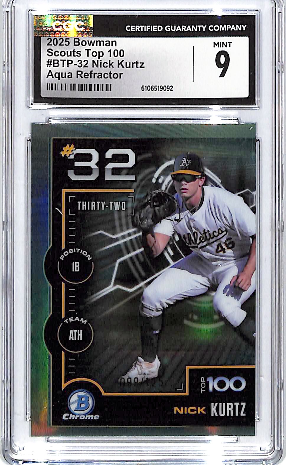 2025 Bowman Chrome Nick Kurtz Scouts Top 100 Aqua Refractor /125 CGC 9 Athletics