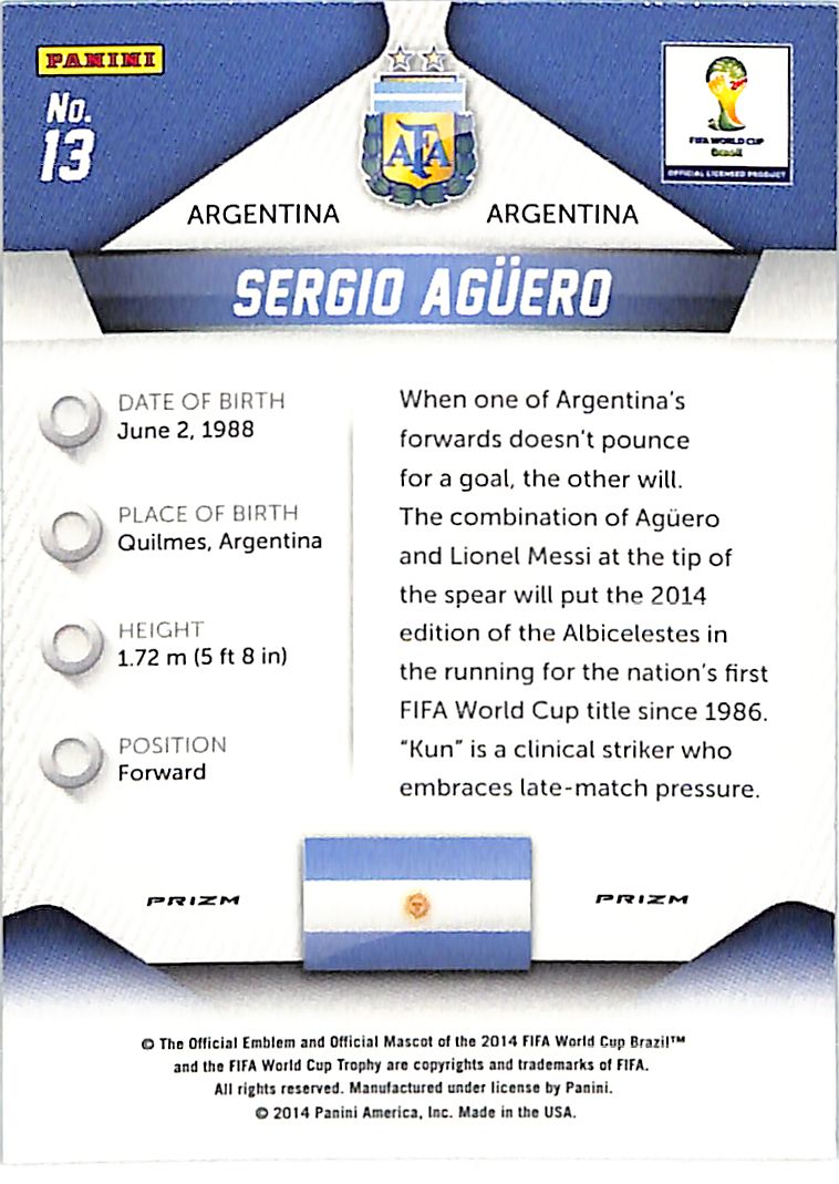 2014 Prizm World Cup Sergio Aguero Red White Blue Wave #13 Argentina