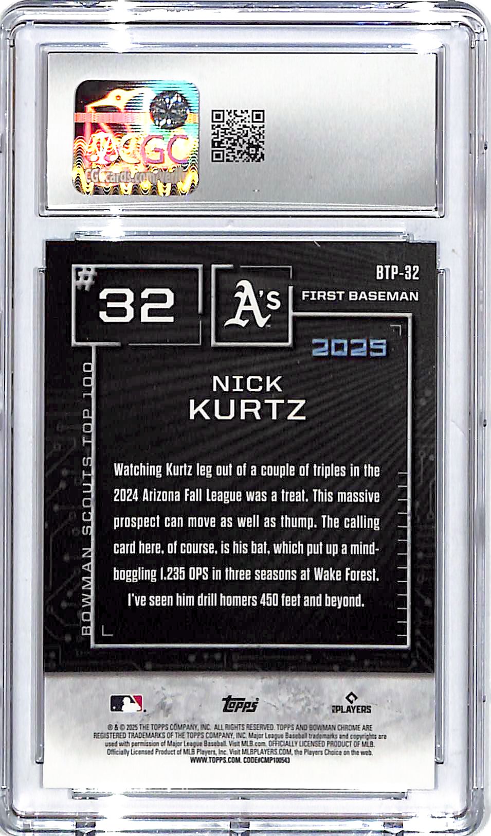 2025 Bowman Chrome Nick Kurtz Scouts Top 100 Aqua Refractor /125 CGC 9 Athletics
