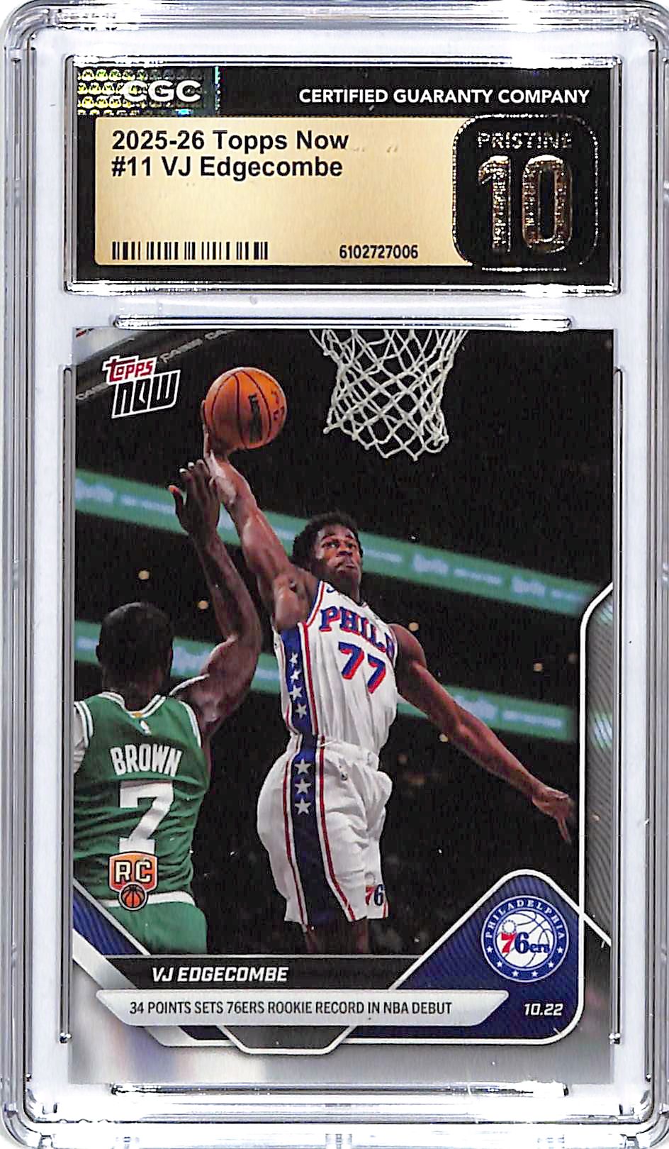 2025-26 Topps Now VJ Edgecombe Rookie RC #11 CGC 10 Pristine 76ers