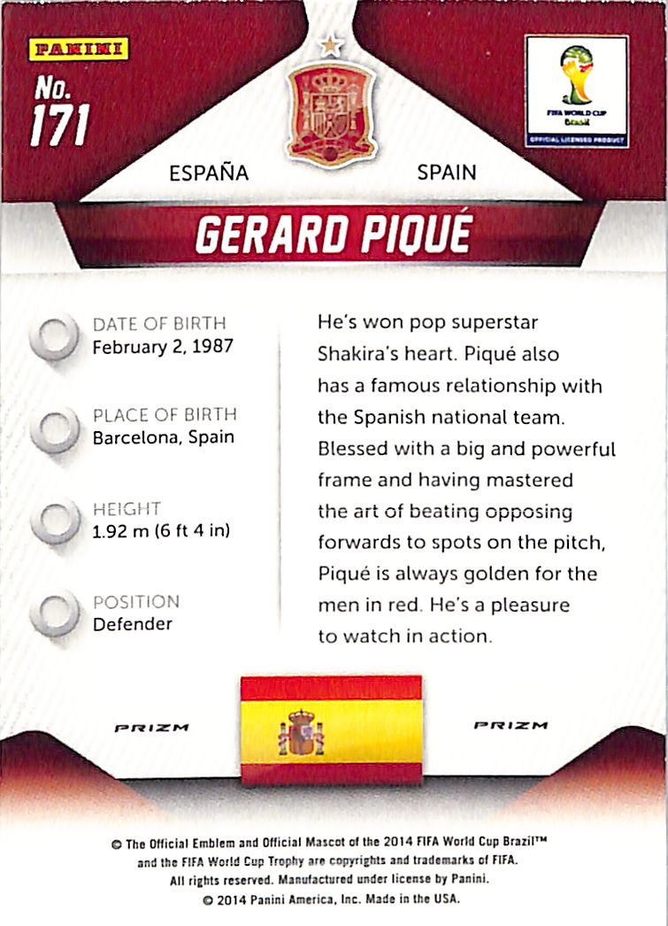 2014 Prizm World Cup Gerard Pique Red White Blue Power Plaid #171 Spain